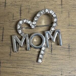 Brooch MOM, NIP, 1.75” x 1.75”, MOM on heart shape of Rhinestones, shiny
